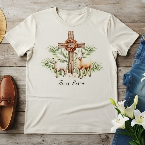 Country Life Boutique Tops - He Is Risen Christian Easter Tee • Cross & Lambs Graphic • Faith Shirt